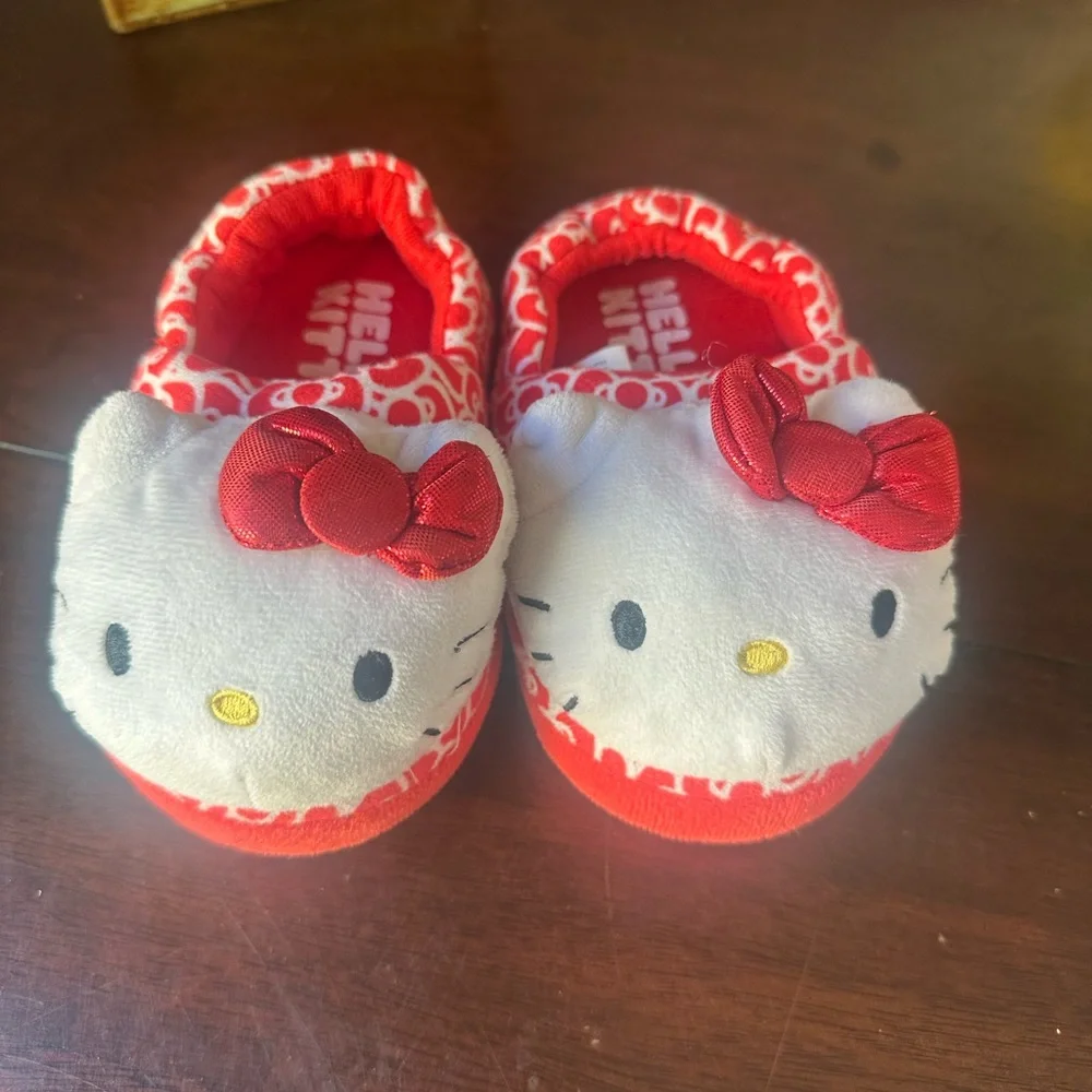 Hello Kitty Red and White Plush Kids Slippers with Bow